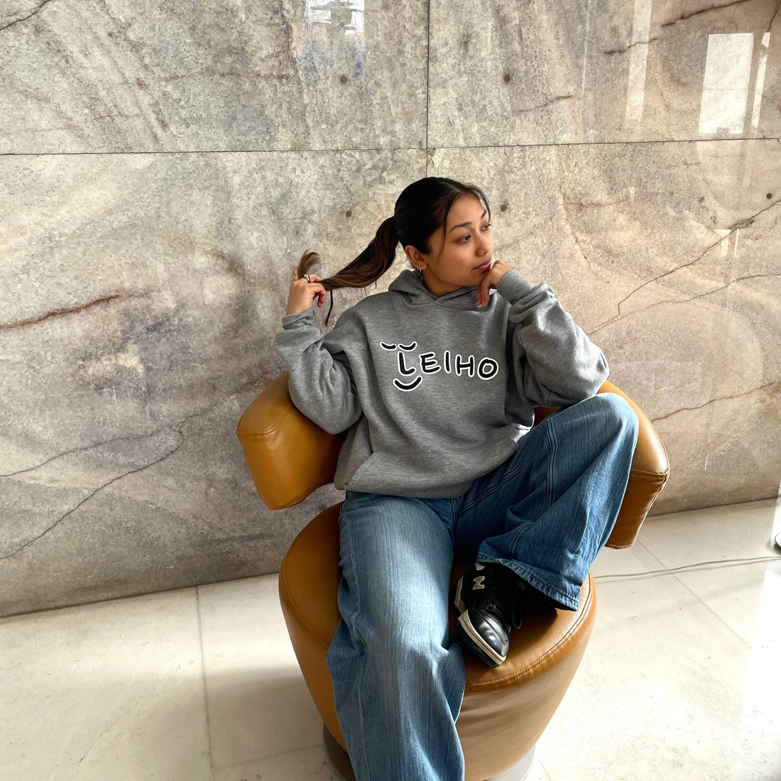 Leiho Varsity Print Heavyweight Boxy Grey Hoodie