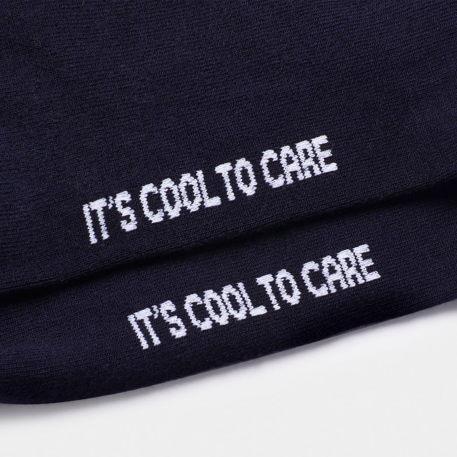 'It's Cool To Care' navy sneaker bamboo socks from Leiho